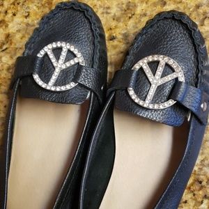 Yellow Box Black Leather Peace-Symbol Flats
